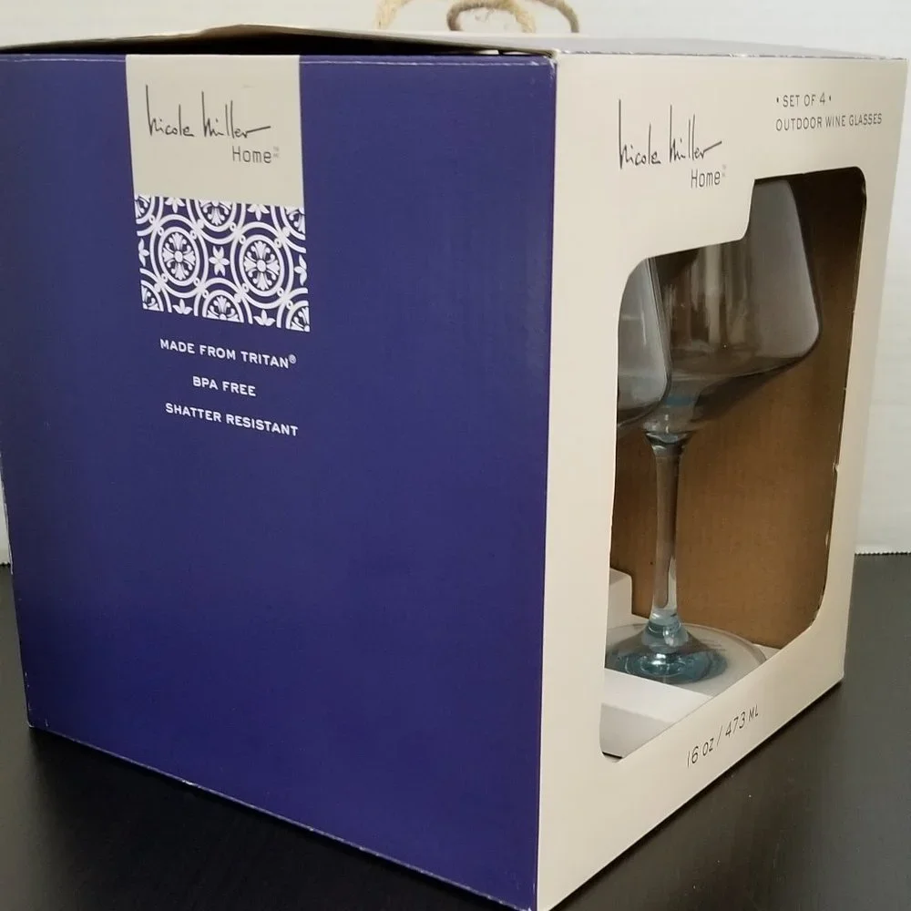 Nicole Miller Set of 4 Outdoor Blue/Teal Wine Glasses 16 oz. IOB - Picture 7 of 10
